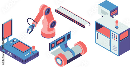 Isometric industrial automation illustration, robotic arm, conveyor belts, manufacturing equipment, factory production line, smart industry technology, engineering process