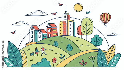 Illustrated cityscape with green hill people and hot air balloon in vibrant colors