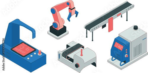 Isometric industrial automation illustration, robotic arm, conveyor system, manufacturing machines, factory control equipment, smart production technology, engineering workflow