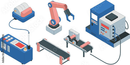 Isometric industrial automation illustration, robotic arm, conveyor system, manufacturing machines, factory control equipment, smart production technology, engineering workflow