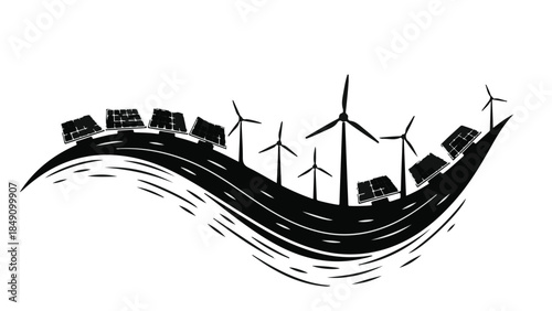 Renewable energy landscape with solar panels and wind turbines on wavy hillside, sustainable eco friendly concept