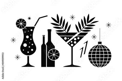 Festive party scene with cocktails, bottles, and disco ball in black and white graphic style.