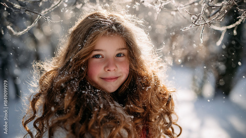 Smiling girl stands in a snowy forest creating a winter portrait