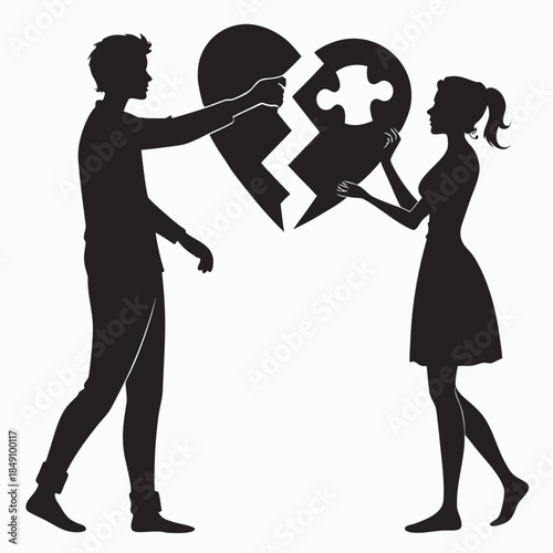 Silhouette of Couple Holding Broken Heart Puzzle Piece 