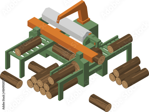 Isometric sawmill machine illustration, wood processing industry, log cutting equipment, timber production system, industrial woodworking, lumber manufacturing technology