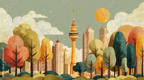 Stylized cityscape with trees and sun