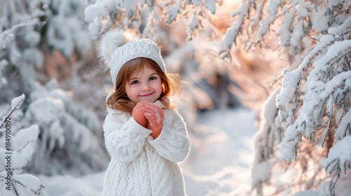 Smiling girl stands in a snowy forest creating a winter portrait