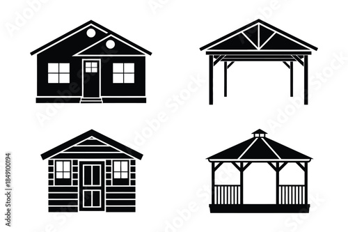 Stylized black and white illustrations of houses and a gazebo, suitable for architectural or real estate themes.