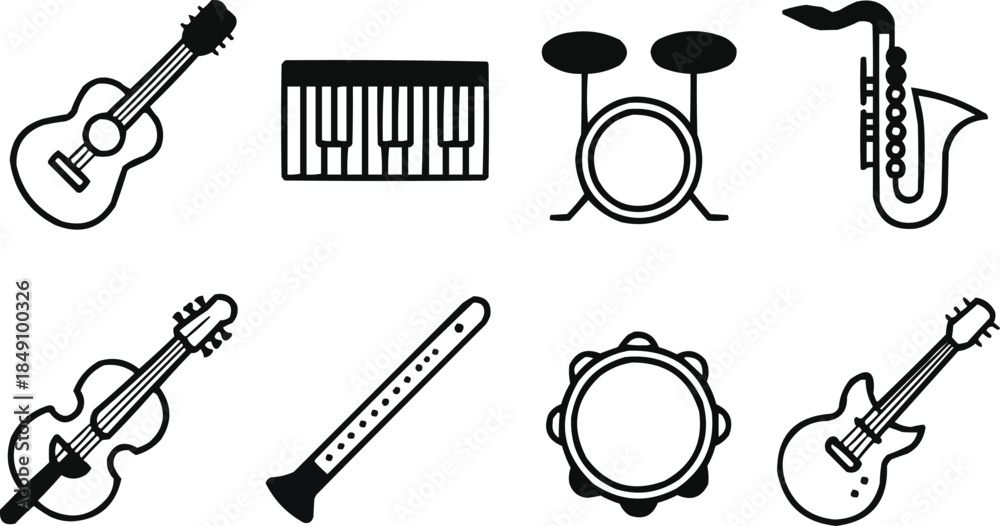 Obraz premium Musical Instruments Outline Icon Set Guitar, Piano, Drum and Wind Instruments