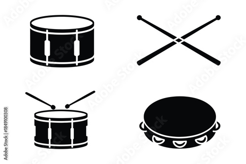 Set of black silhouette icons representing musical percussion instruments: drums and tambourine.
