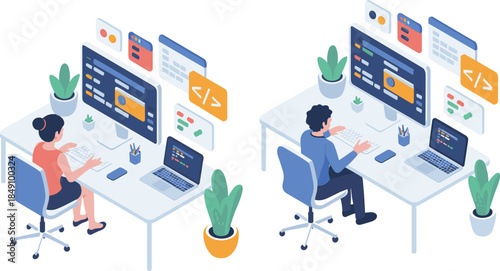Isometric software development illustration, programmers coding at desks, web programming screens, teamwork concept, modern IT workplace, technology collaboration
