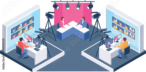Isometric television studio illustration, live broadcast production, news anchors, video streaming setup, media control room, modern broadcasting technology