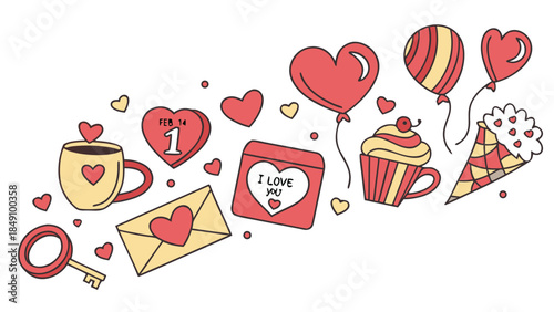 Valentines Day Illustration with Hearts Cupcakes Coffee and Balloons