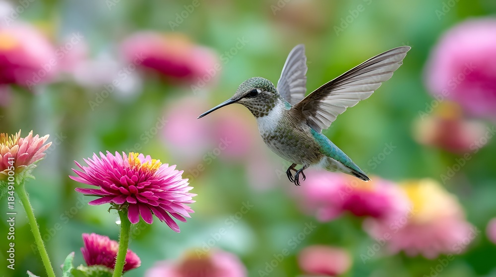 Fototapeta premium Hummingbird Hovering Near Vibrant Pink Zinnia Flowers in a Garden.