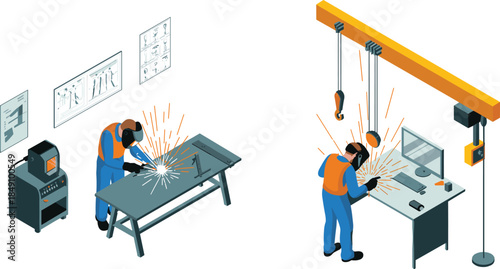 Isometric welding workshop illustration, industrial metal fabrication, worker welding steel parts, manufacturing process, factory equipment, engineering production concept
