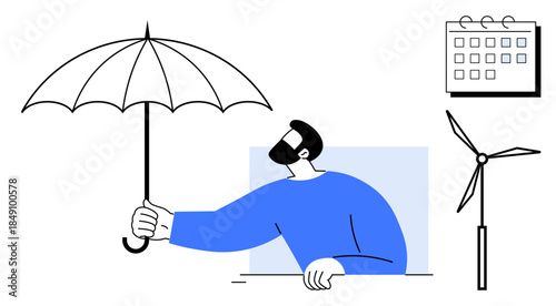 Man holding an umbrella, a calendar, and a wind turbine symbolizing planning, sustainability, and protection. Ideal for business strategy, risk management, environmental awareness, scheduling