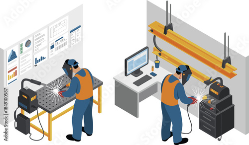 Isometric welding workshop illustration, industrial metal fabrication, worker welding steel parts, manufacturing process, factory equipment, engineering production concept