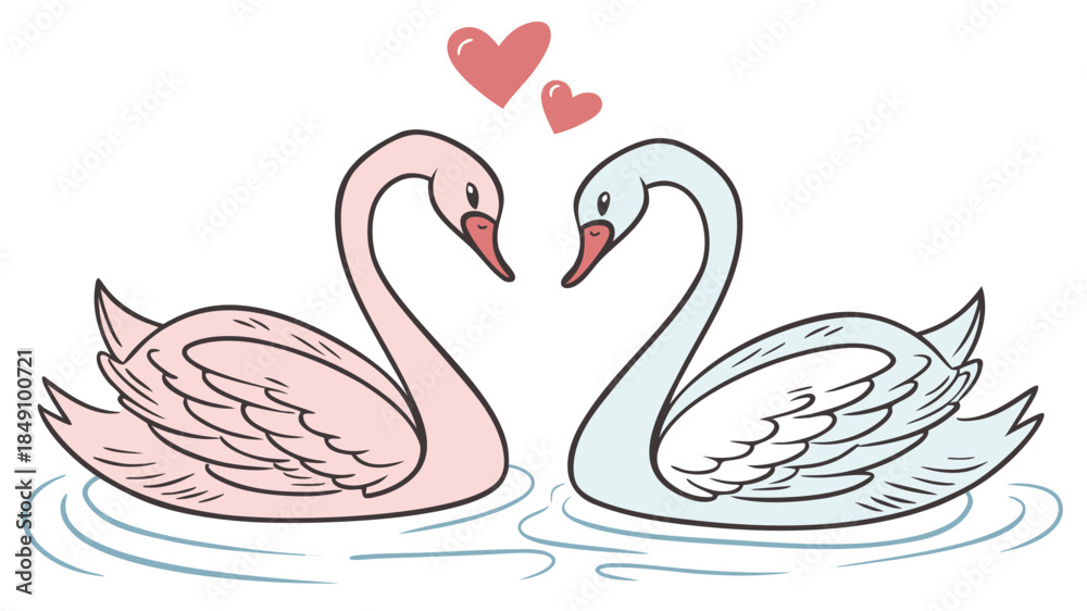 Fototapeta premium Two Lovely Swans Floating Together in Water with Hearts Above