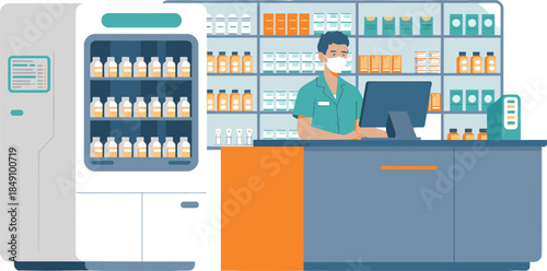 Modern pharmacy interior illustration, pharmacist at counter, medicine shelves, vaccine refrigerator, healthcare retail service, drugstore management concept
