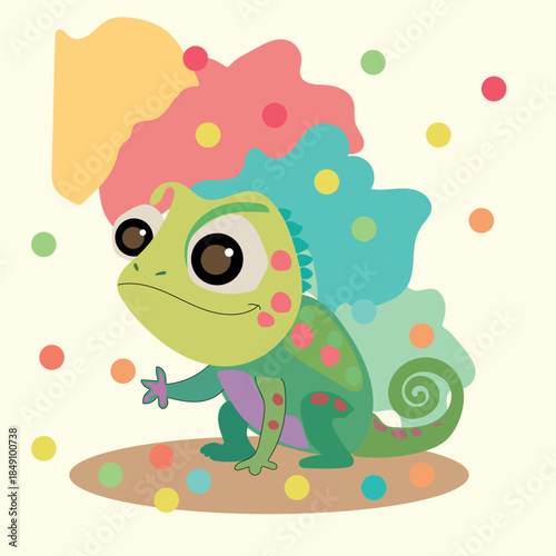 Cute colorful cartoon chameleon character in playful illustration style
