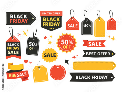 Vibrant Black Friday sale tags and stickers for marketing