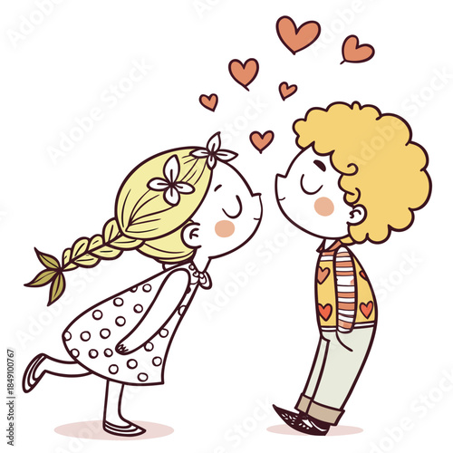 Two children sharing a sweet moment with hearts floating around them illustrating love and friendship