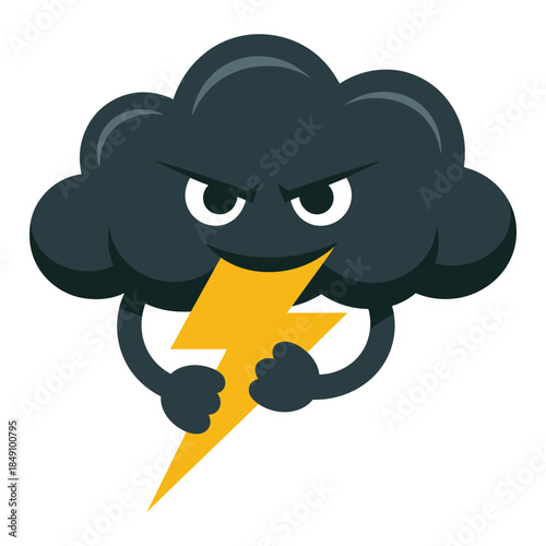 Grumpy Cartoon Storm Cloud Holding Lightning Bolt A Thunderous Weather Illustration for Angry Nature and Dramatic Designs Exactly 180 Characters