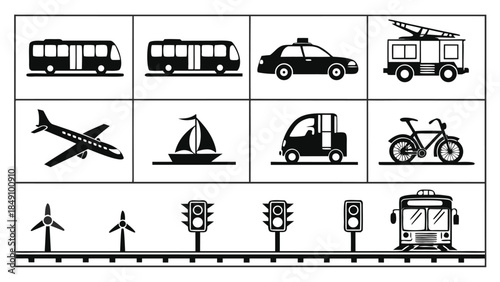 Collection of various transportation icons including buses cars and bicycles 