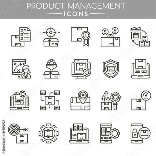 Product management icon set showing planning, strategy, development, and product lifecycle concepts.