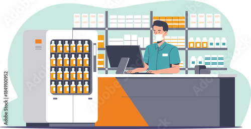 Modern pharmacy interior illustration, pharmacist working at counter, medicine storage refrigerator, healthcare service concept, drugstore management, retail pharmacy