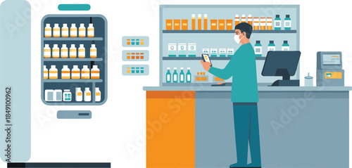 Modern pharmacy interior illustration, pharmacist at counter, medicine shelves, vaccine refrigerator, healthcare retail service, drugstore management concept
