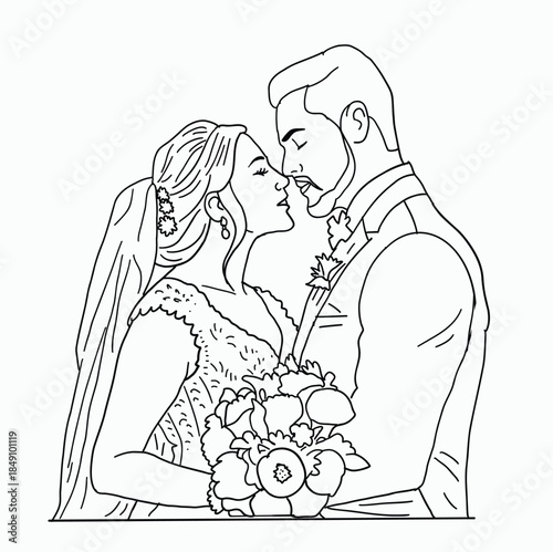 Tender Intimate Moment Between Bride and Groom Foreheads Touching – Black and White Continuous Line Art Wedding Couple Portrait with Bridal Flowers Bouquet – Hand Drawn Vector Illustration