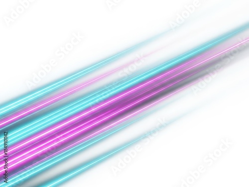 Vibrant pink and blue neon light streaks on white background moving diagonally