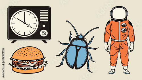 Illustrations of Astronaut Clock Beetle and Hamburger 
