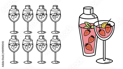 Collection of Cocktail Glasses and Shaker with Fruits for Mixing Drinks