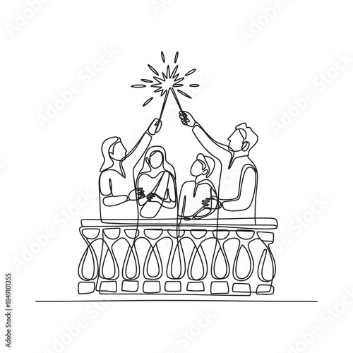 A continuous line drawing of people celebrating with sparklers outdoors
