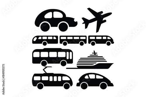 Transportation icons: cars, bus, airplane, and ships in solid black