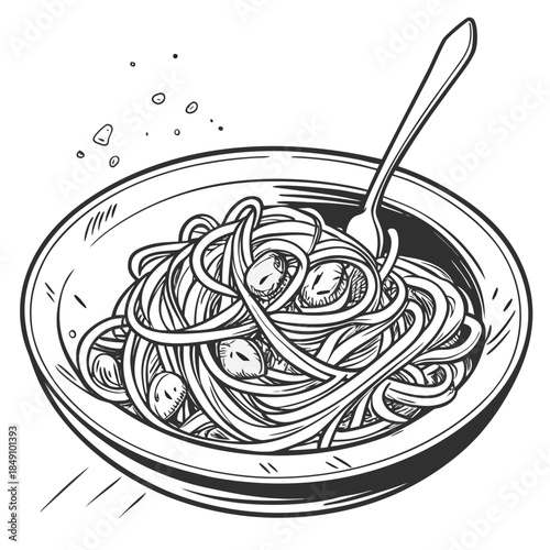 Delicious Spaghetti Pasta Dish with Fork in Bowl Illustration