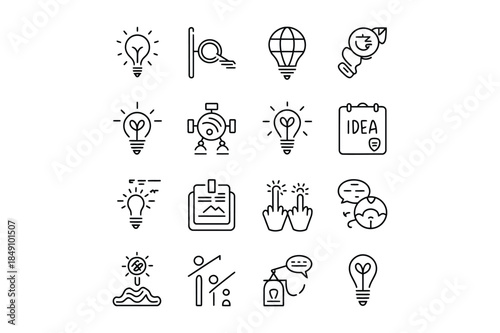 Collection of simple outline icons related to ideas and innovation.