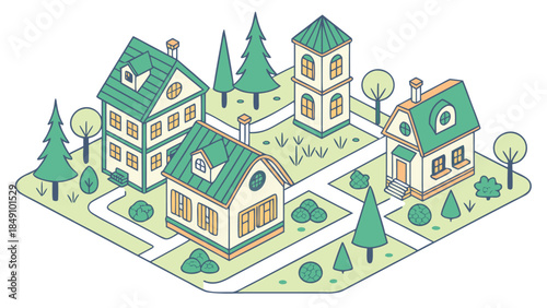 Illustrated Suburban Neighborhood with Houses and Greenery