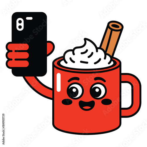Mug cartoon character taking selfie with smartphone full of cream and cinnamon stick vector illustration on transparent background