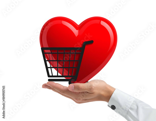 A hand presenting a shiny red heart with a black shopping cart
