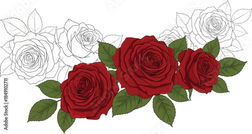 Luxury red rose bouquet with golden leaves and ornate gold butterfly isolated on white background elegant floral vector.