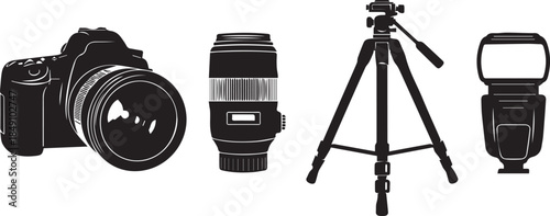 Digital camera lens tripod and flash silhouette for photography and creative studio equipment