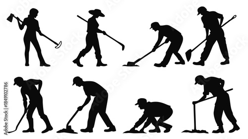 Silhouettes of people using metal detectors in various poses and stances