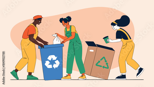 Community recycling effort with three people sorting waste into bins