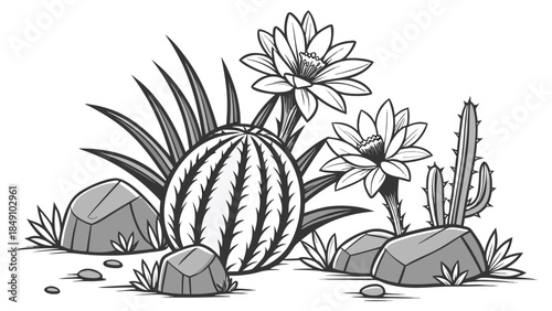 Desert landscape with cacti and flowers 