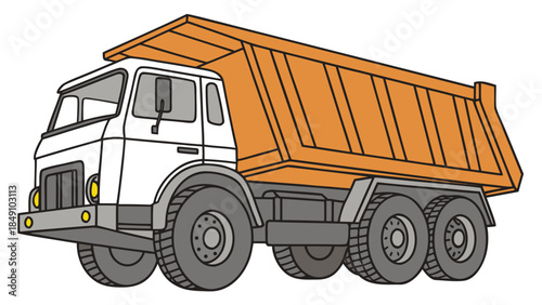 Orange dump truck illustration with white cab 