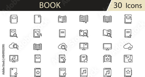 Vector icon set of books, reading, and digital media symbols, black and white line style,Vector icon set of books, reading, and digital media symbols, black and white line style,