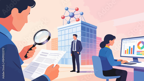 Office workers with magnifying glass and data